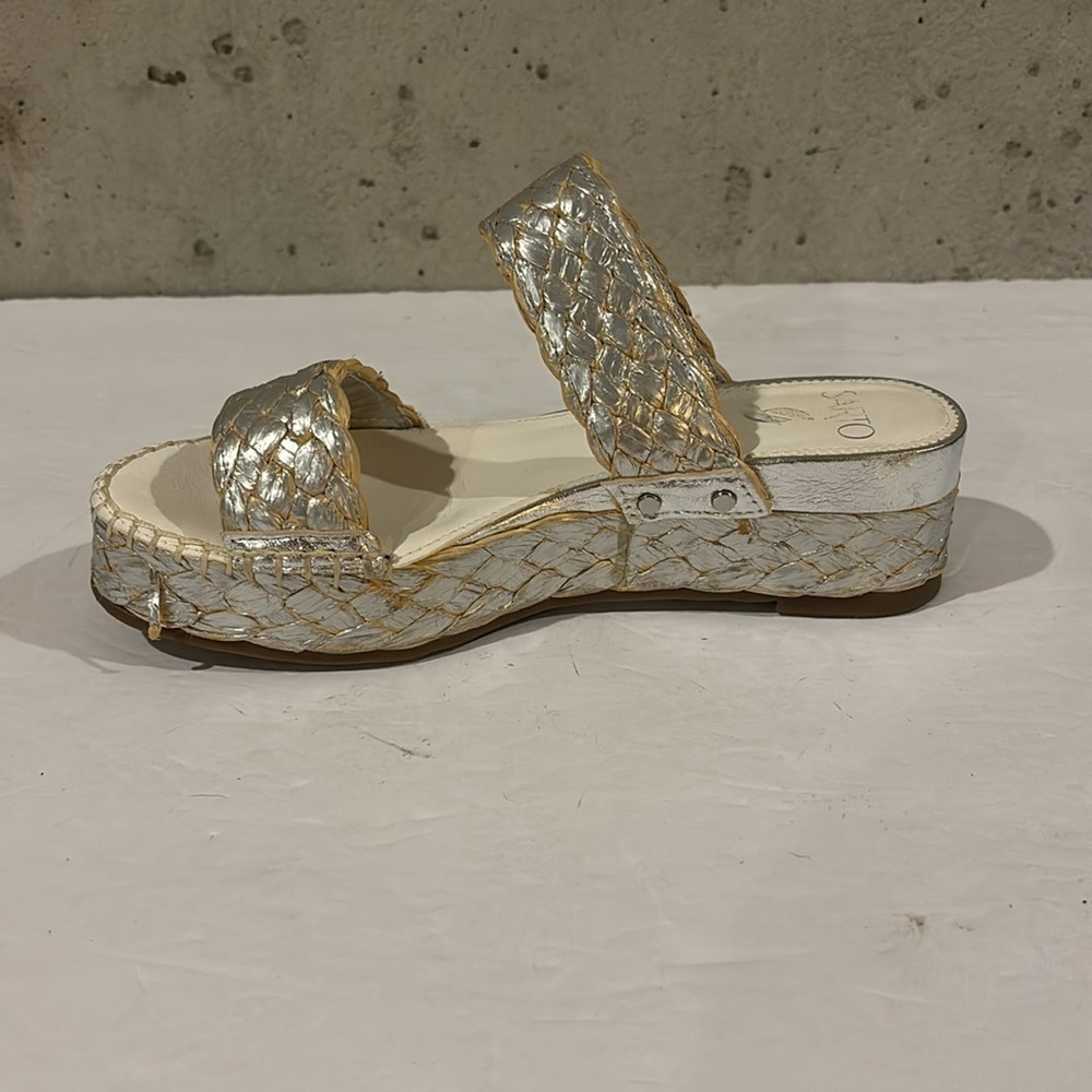 Franco Sarto Silver Leather Basket Weave Opal Platform Sandal - Size 7 - Picture 3 of 9